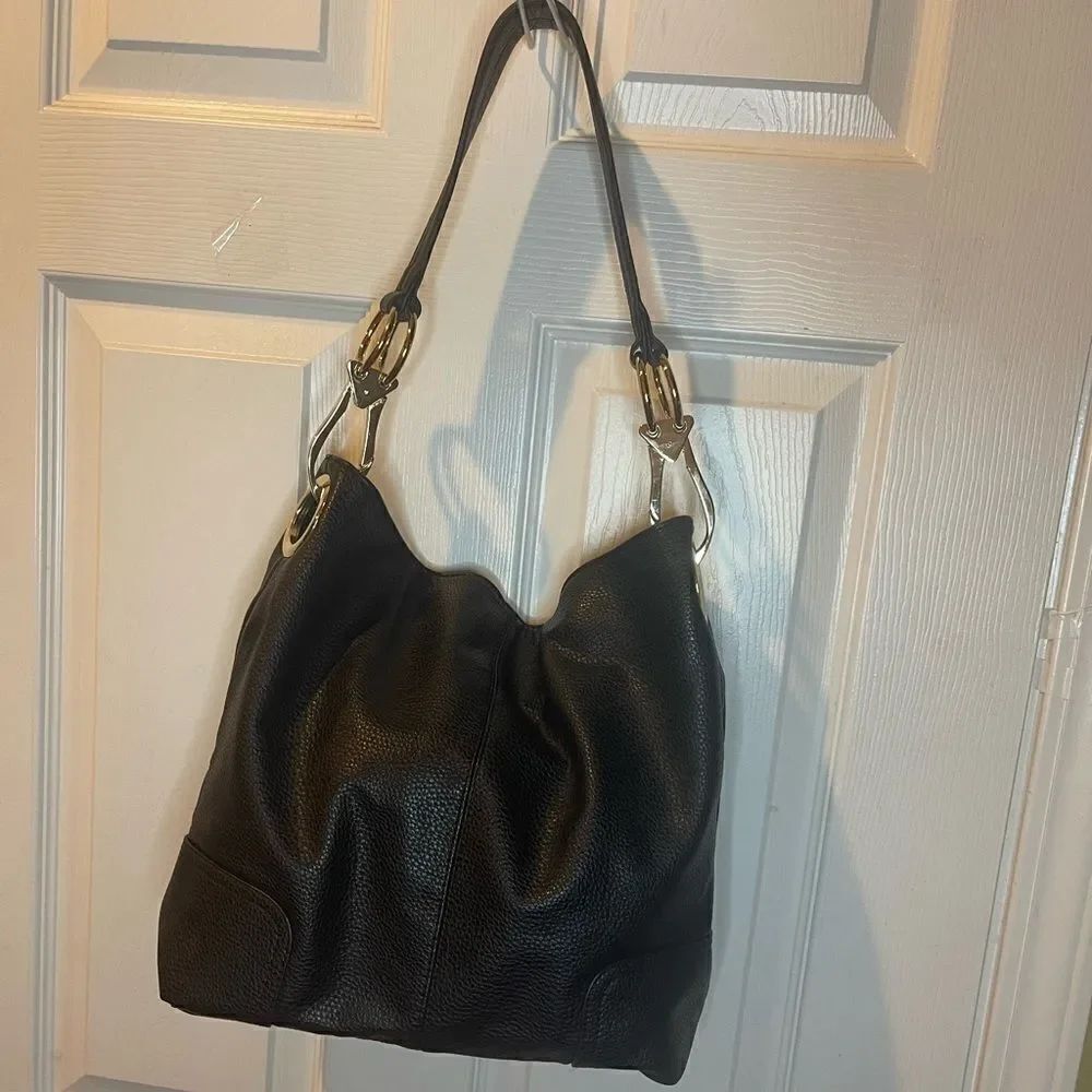 Dasein synthetic leather Black hobo shoulder bag with Bold gold tone hardwares